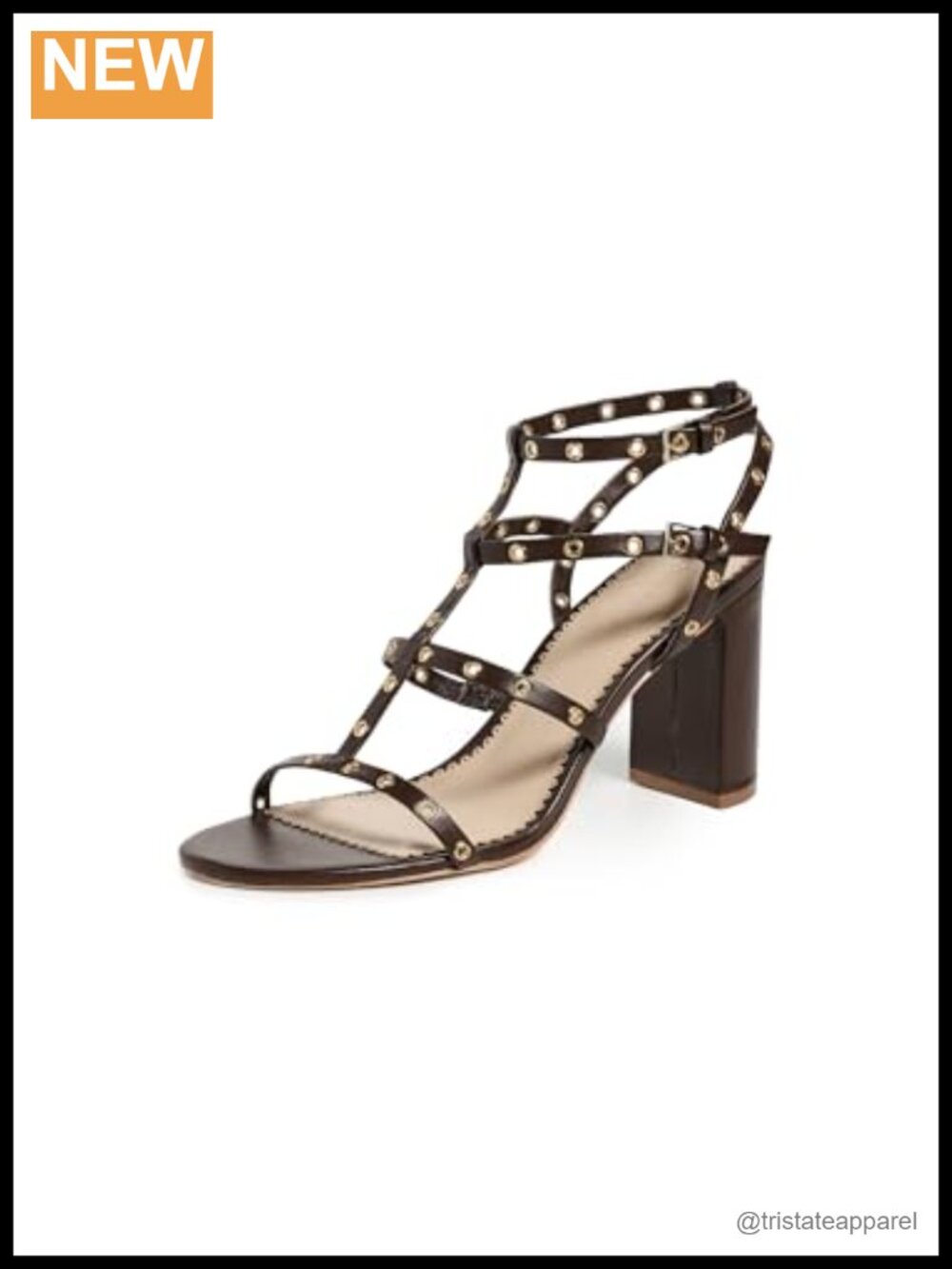 Strappy Grommet Block Heel Sandals Leather 3.2in Open Toe Buckle Ankle